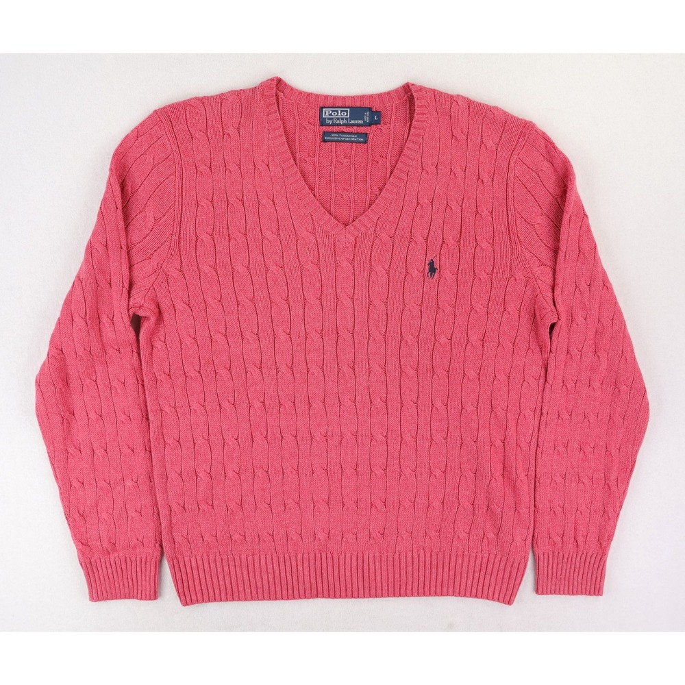 Polo Ralph Lauren V-Neck Sweater Mens Large Pink Cable Knit Tussah Silk Vintage